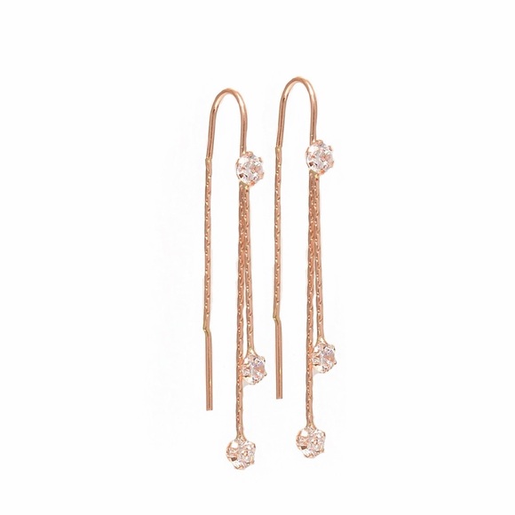 Jewelry - 14K Rose Gold Drop Threader Earrings with Crystal Accents